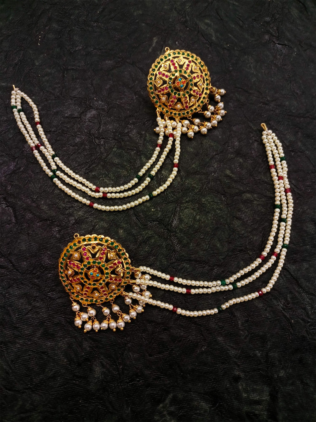 Triguni Multi Colour Jadau Earrings With Side Chain