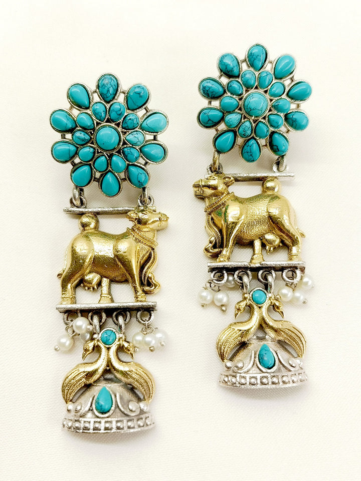 Mridwal Firozi Oxidized Earrings