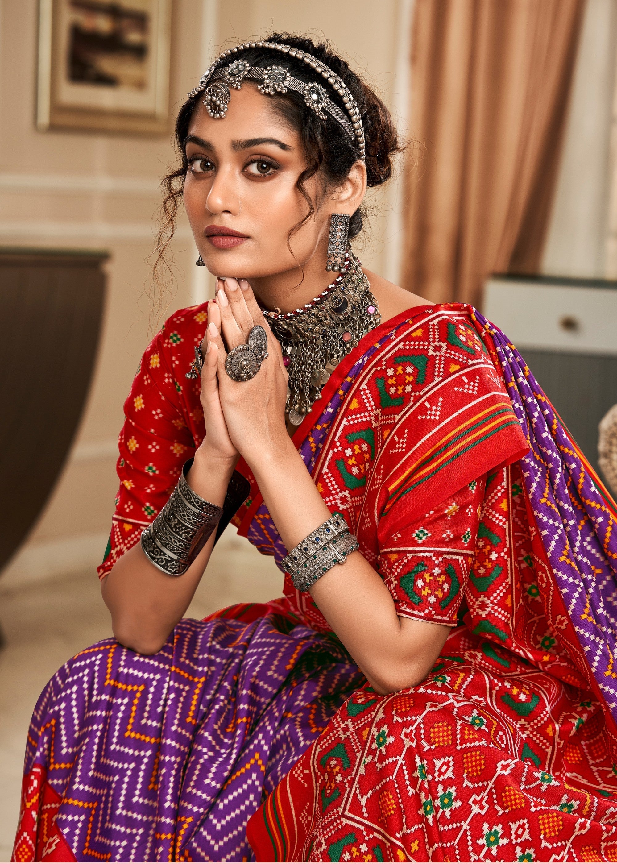 Byzantine Purple Tussar Silk Saree With Beautiful Patola Print - qivii