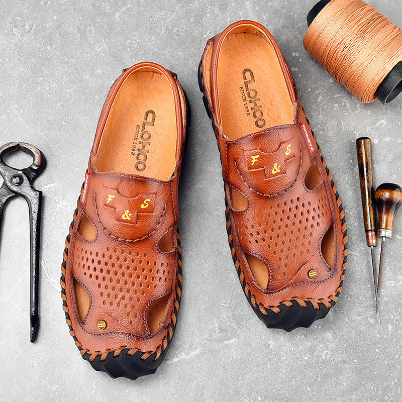 Flow Men’s Genuine Leather Summer Clogs – Breathable Closed-Toe Soft Sole Casual Beach Sandals (US7–11)