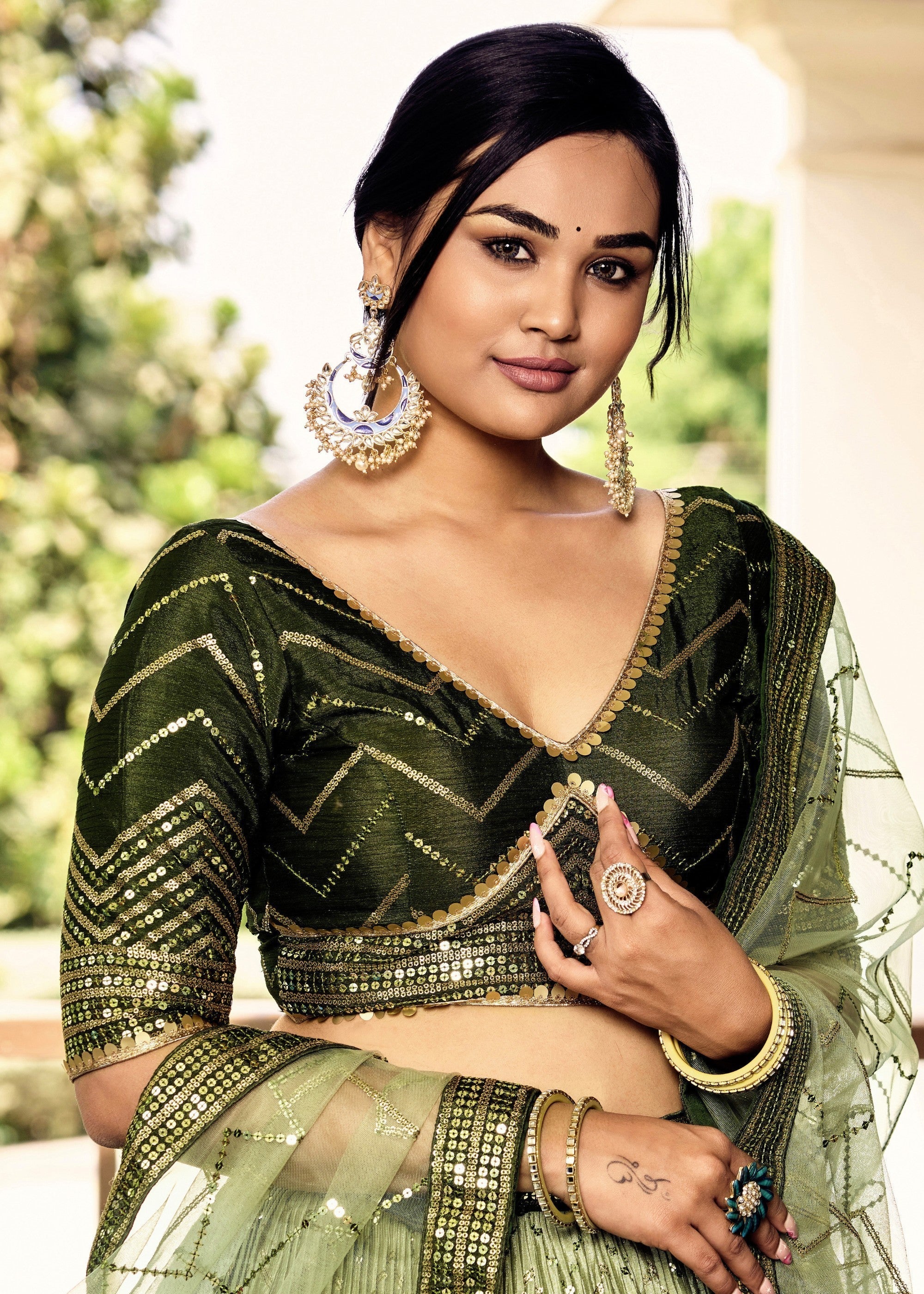 Mehendi Green Chinon Silk Lehenga With Sequence and Thread Embroidery Work | Ready To Wear - qivii