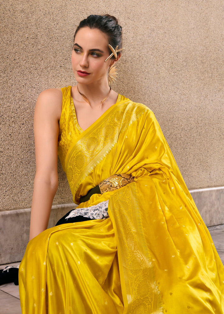 Canary Yellow Satin Mungha Silk Saree