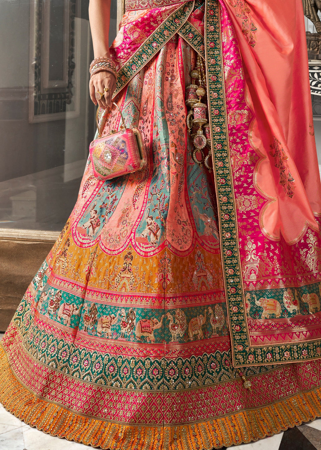 Peach & Pink Banarasi Silk Lehenga with Zarkan Codding work