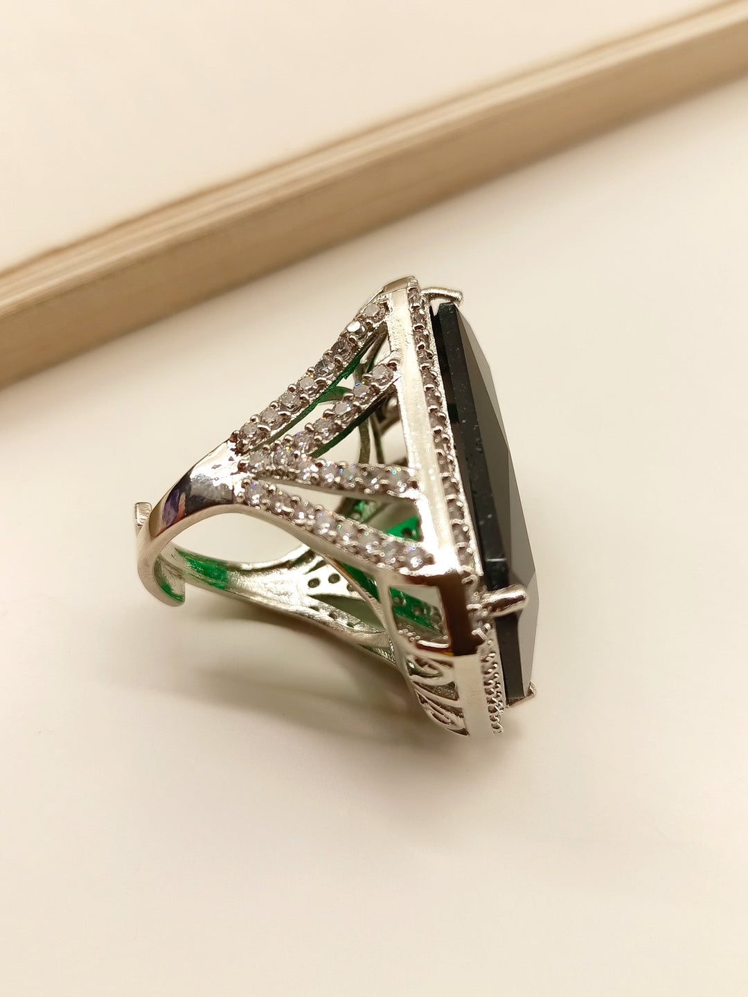  Beautiful Samantha Green American Diamond Finger Ring featuring a stunning emerald-cut green stone and sparkling diamond accents