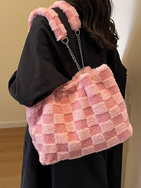Women's Large-Capacity Plush Handbag | Trendy Quilted Chain Shoulder Bag with Patchwork Design