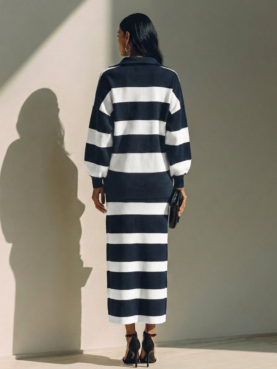 Women's Color-Block Striped Cotton-Blend Half-Zip Top & Midi Skirt Two-Piece Set MDZ2903G5ZRK
