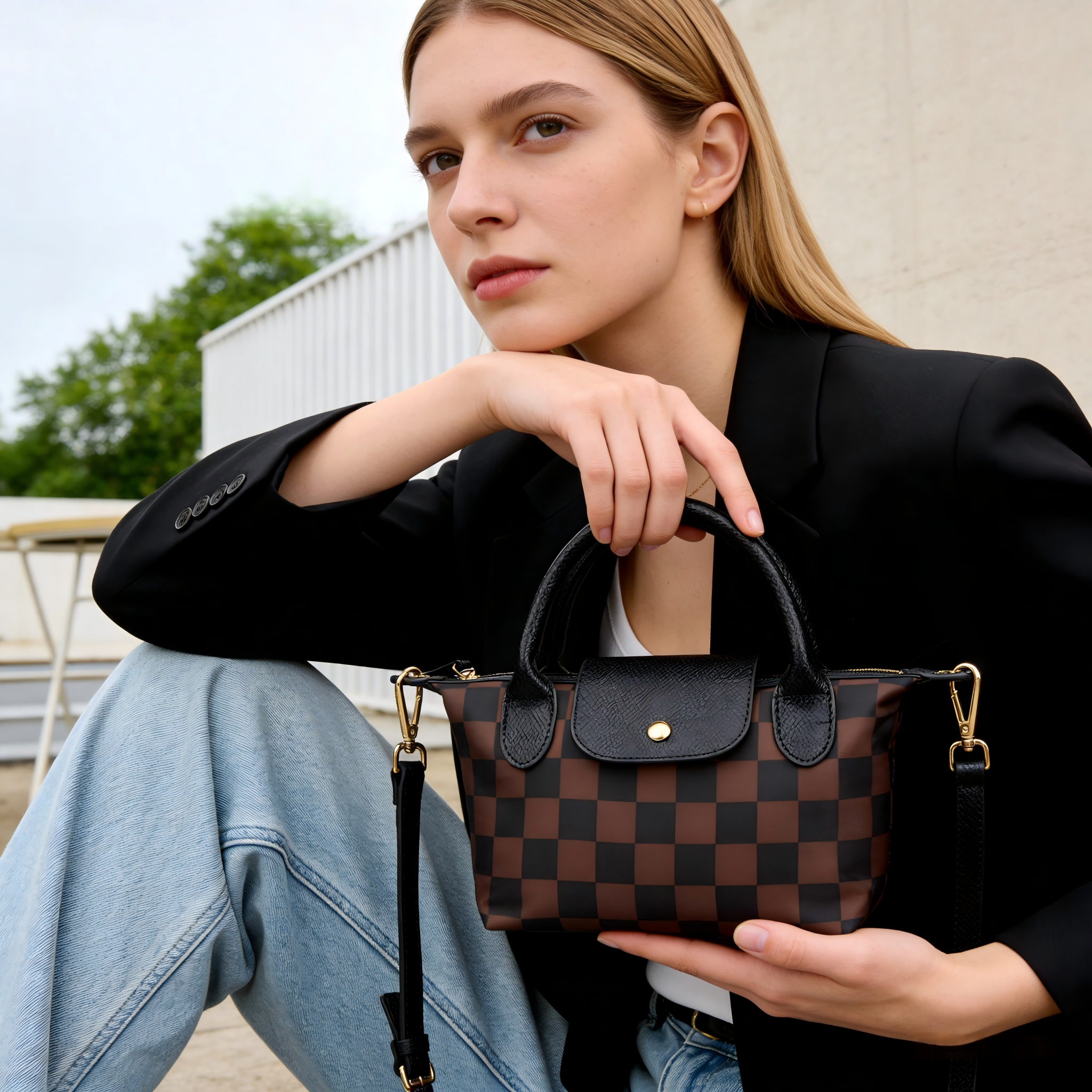 Ounamei Mini Checkered Nylon Crossbody Bag | Small Size Large Capacity 3-Way Carry Lightweight Tote