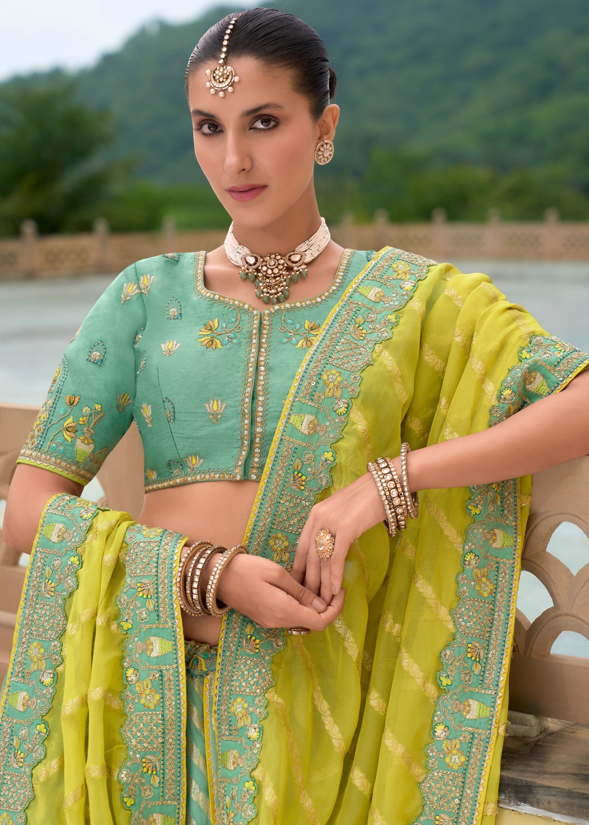 Mint Green Banarasi Silk Lehenga With Heavy Embroidery Work | Ready To Wear - qivii