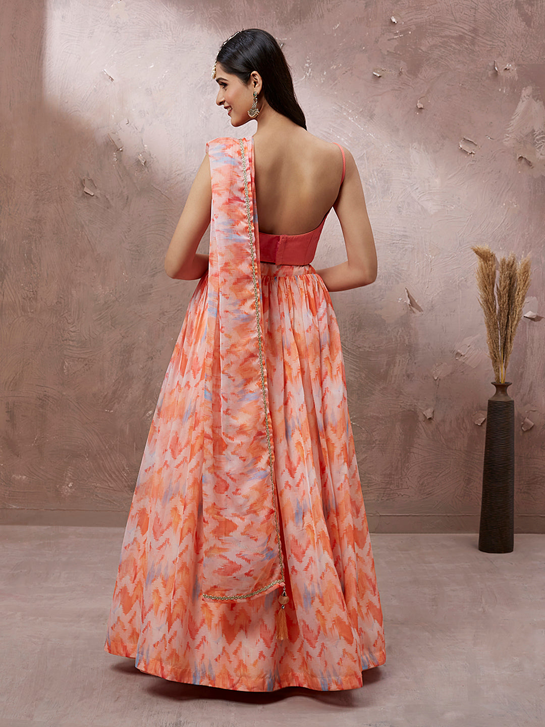 Peach Organza Floral Printed Stitched Lehenga choli