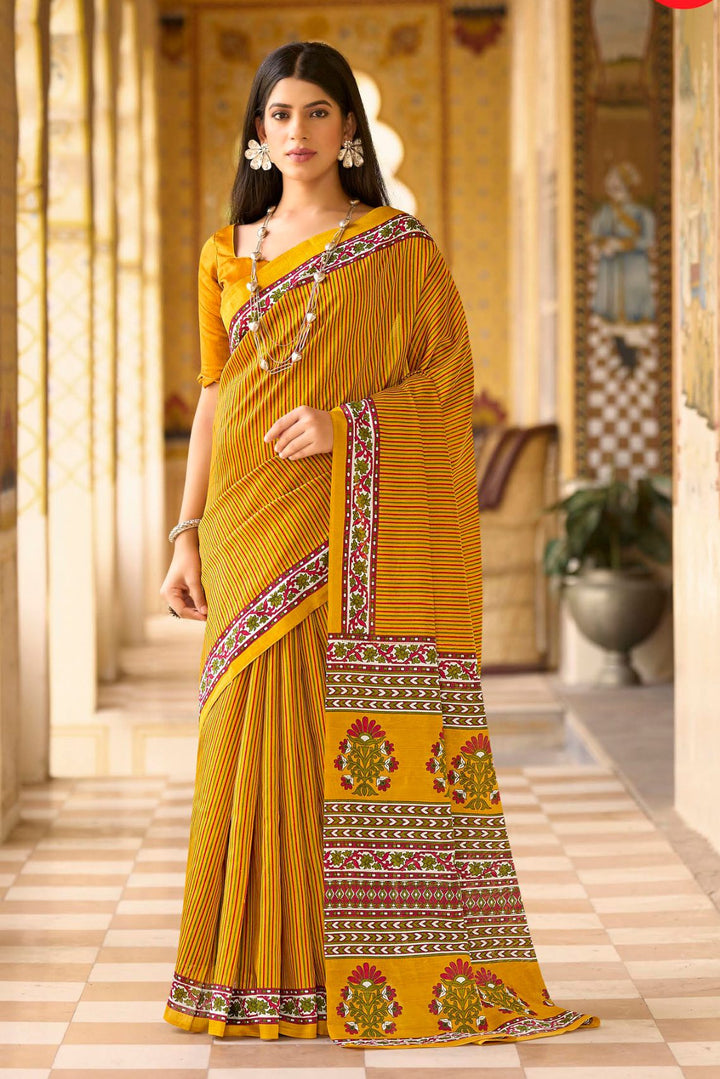 Neon Carrot Yellow Handblock Printed Saree