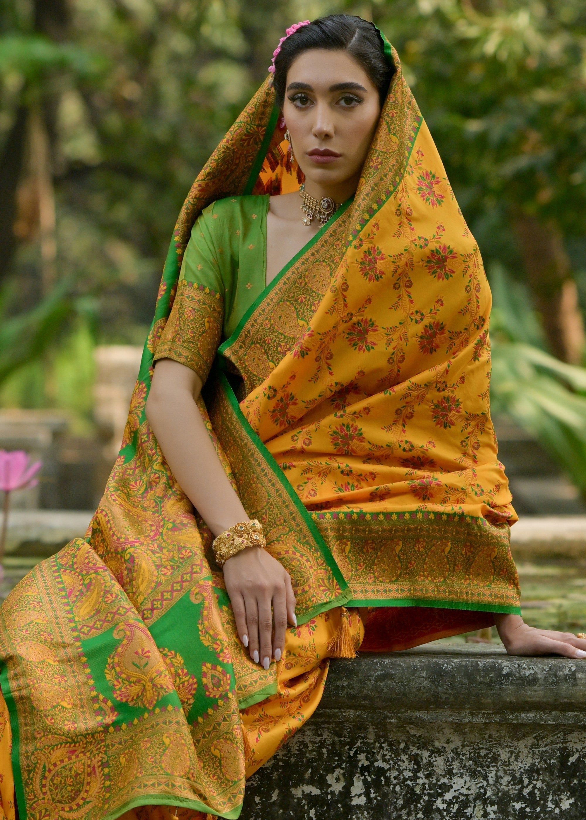 Sunflower Yellow Thread Woven Pashmina Silk Saree With Heavy Thread Woven Pallu - qivii