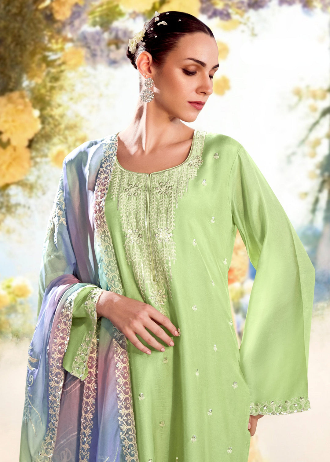 Pastel Green Modale Silk Salwar Suit With Embroidery