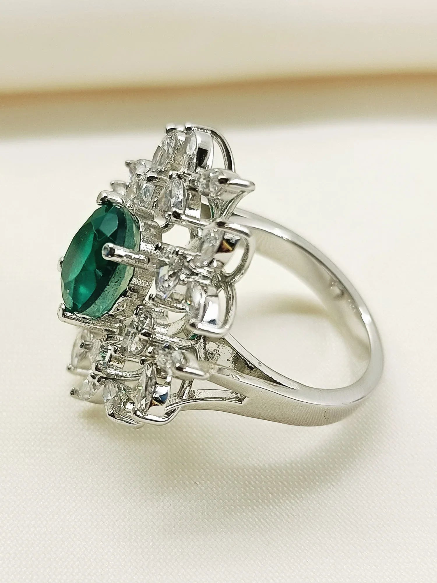 Aadvika Green 92.5 Silver American Diamond Finger Ring