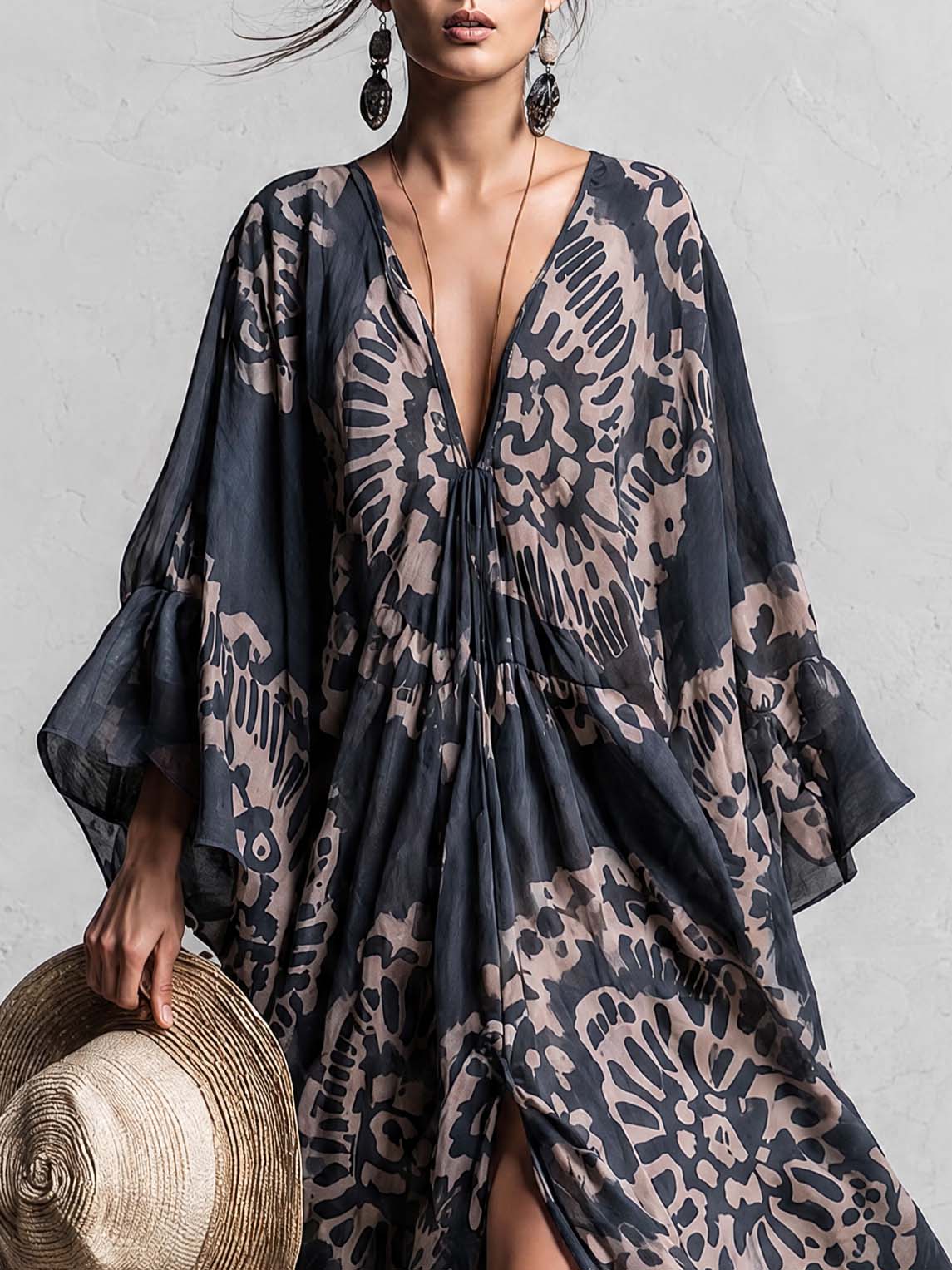 Elegant And Flowing Retro Print V-neck Dark Blue Chiffon Slit Maxi Dress  - By Qivii