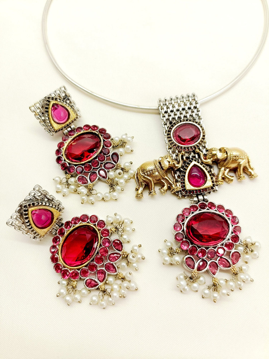 Dinal Maroon Elephant Oxidized Hasli Style Necklace Set