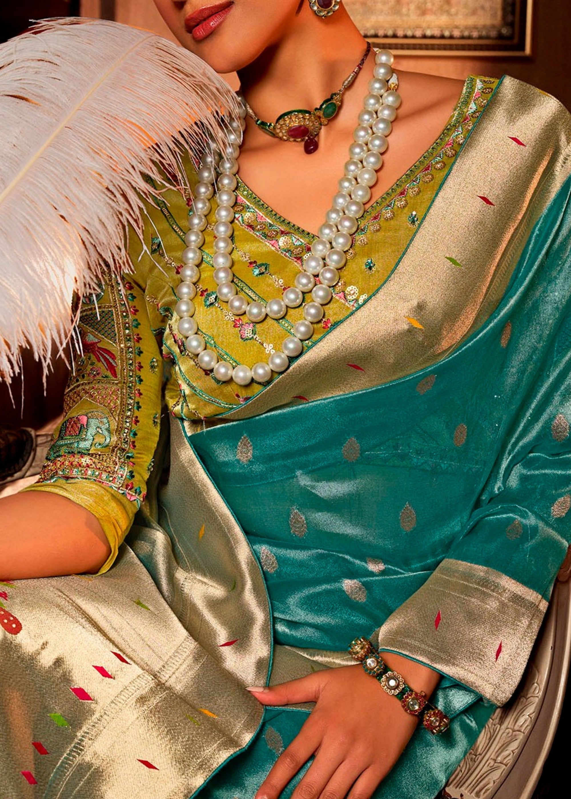 Cerulean Blue Pure Tissue Paithani Silk Saree with Heavy Designer Embroidered Blouse - qivii
