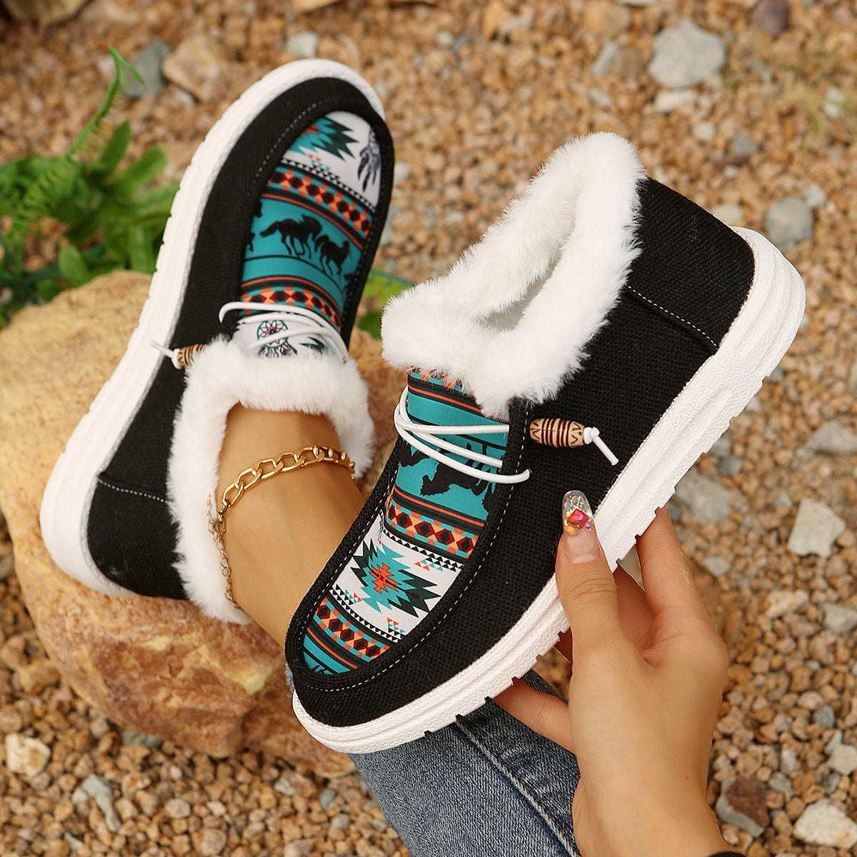 Women's Folklore Plush Flat Boots - Ethnic Print Lace-Up Winter Snow Shoes with Cozy Fleece Lining- US(5-10.5)