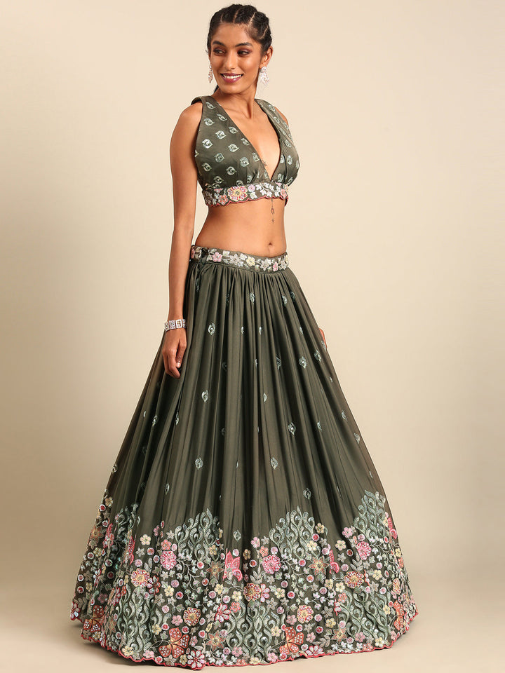 Multi-Color Sequins Coding Embroidered Chinon Stitched Lehenga Choli