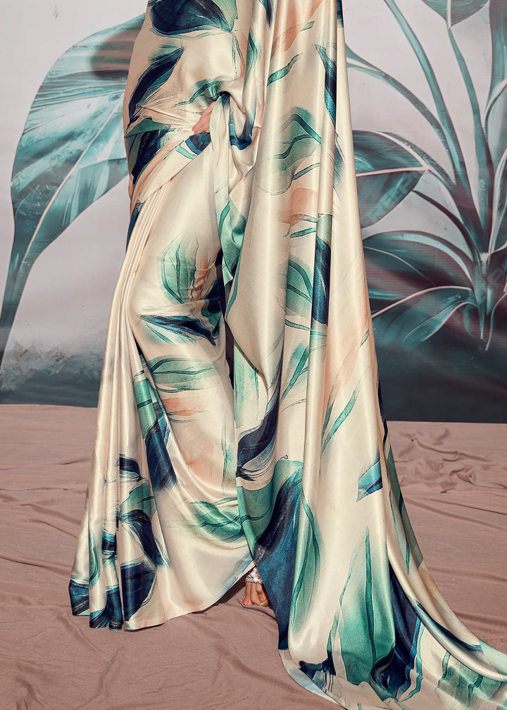 Ivory and Green Satin Crepe With Digital print