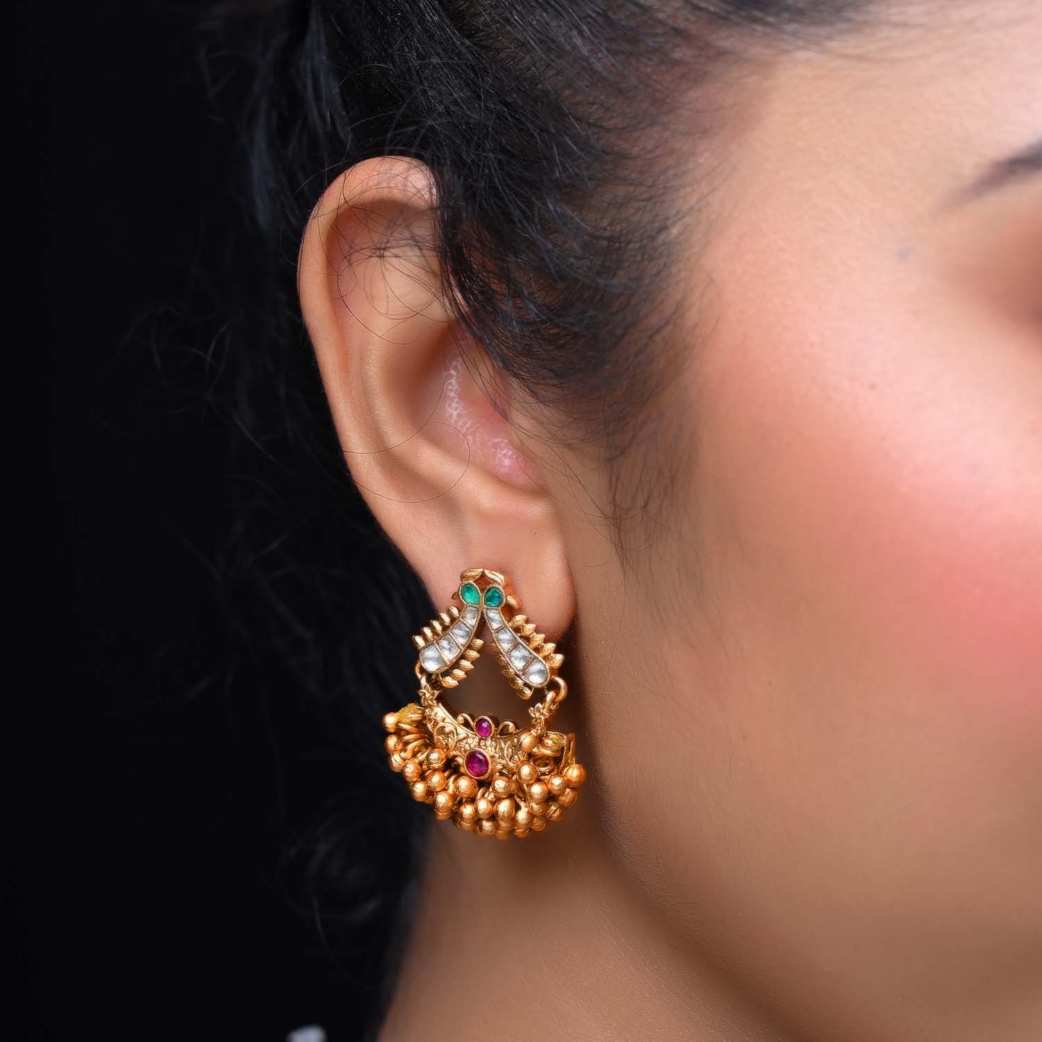 Adrika Rose Pink & Green Stone Temple Work Gold Plated Antique Set - qivii