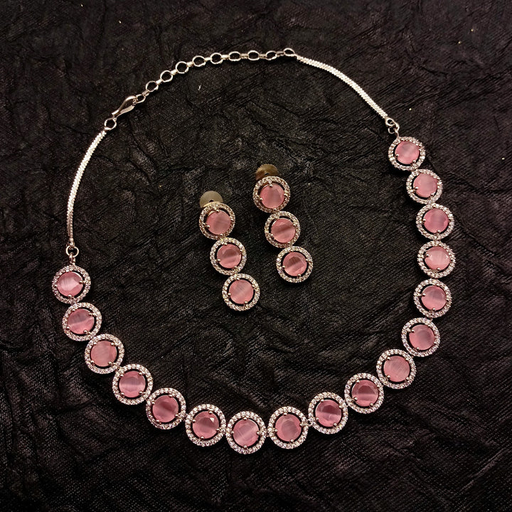 Shireen Silver Plated Semiprecious Pink Stone American Diamond set