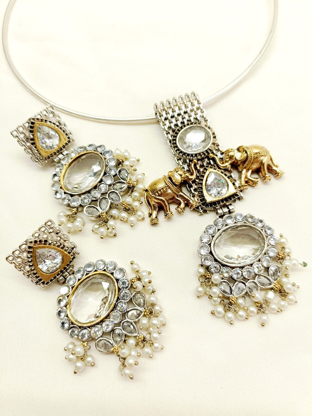 Vibhuti White Elephant Oxidized Hasli Style Necklace Set