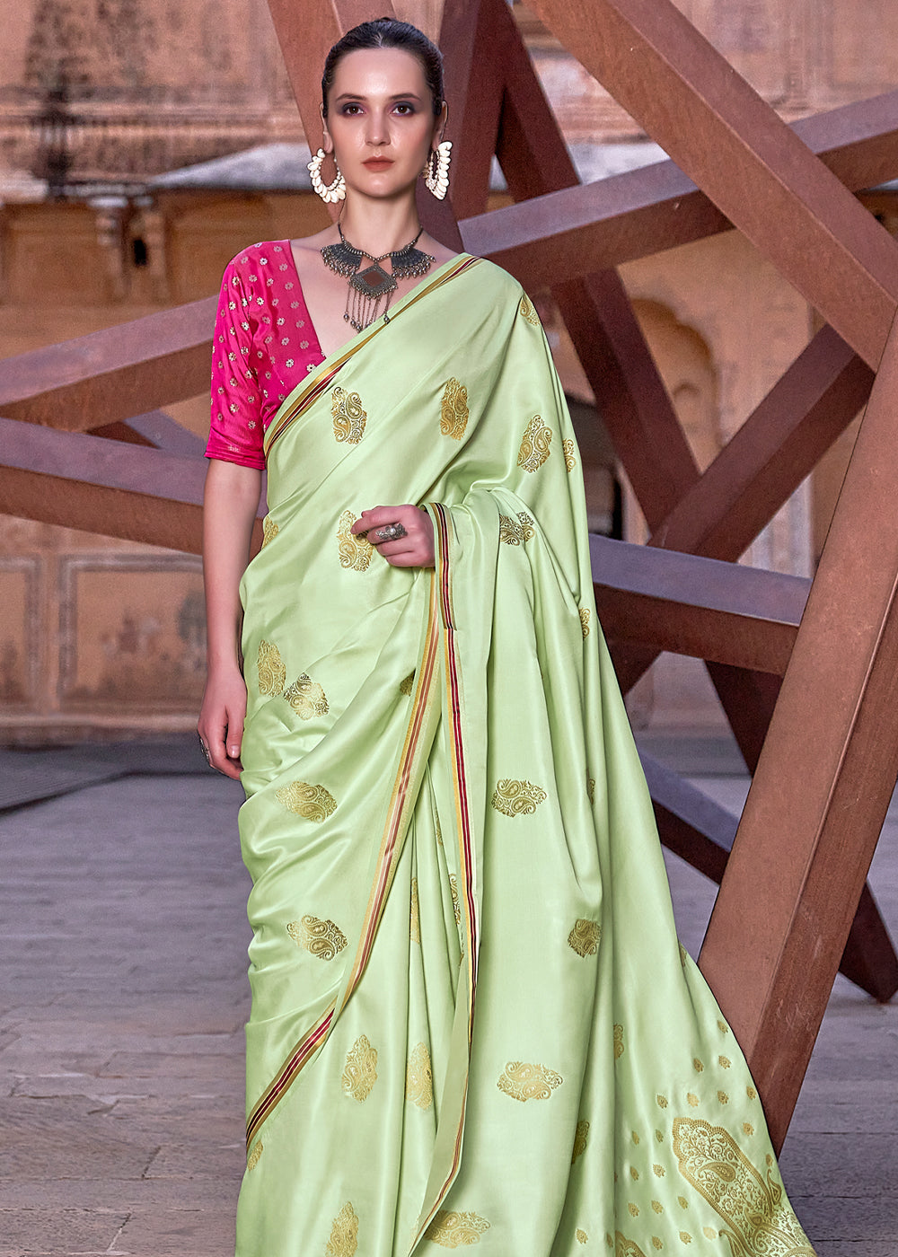 Pista Green Woven Satin Silk Saree With Contrast Brocade Blouse