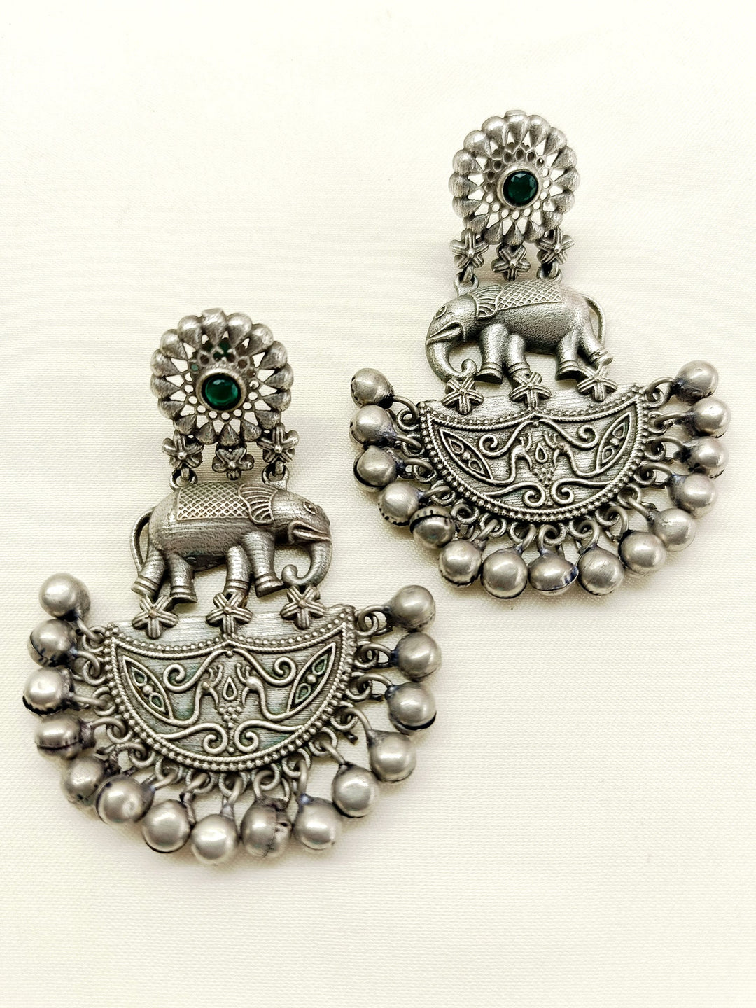 Dhvajee Green Elephant Oxidized Earrings