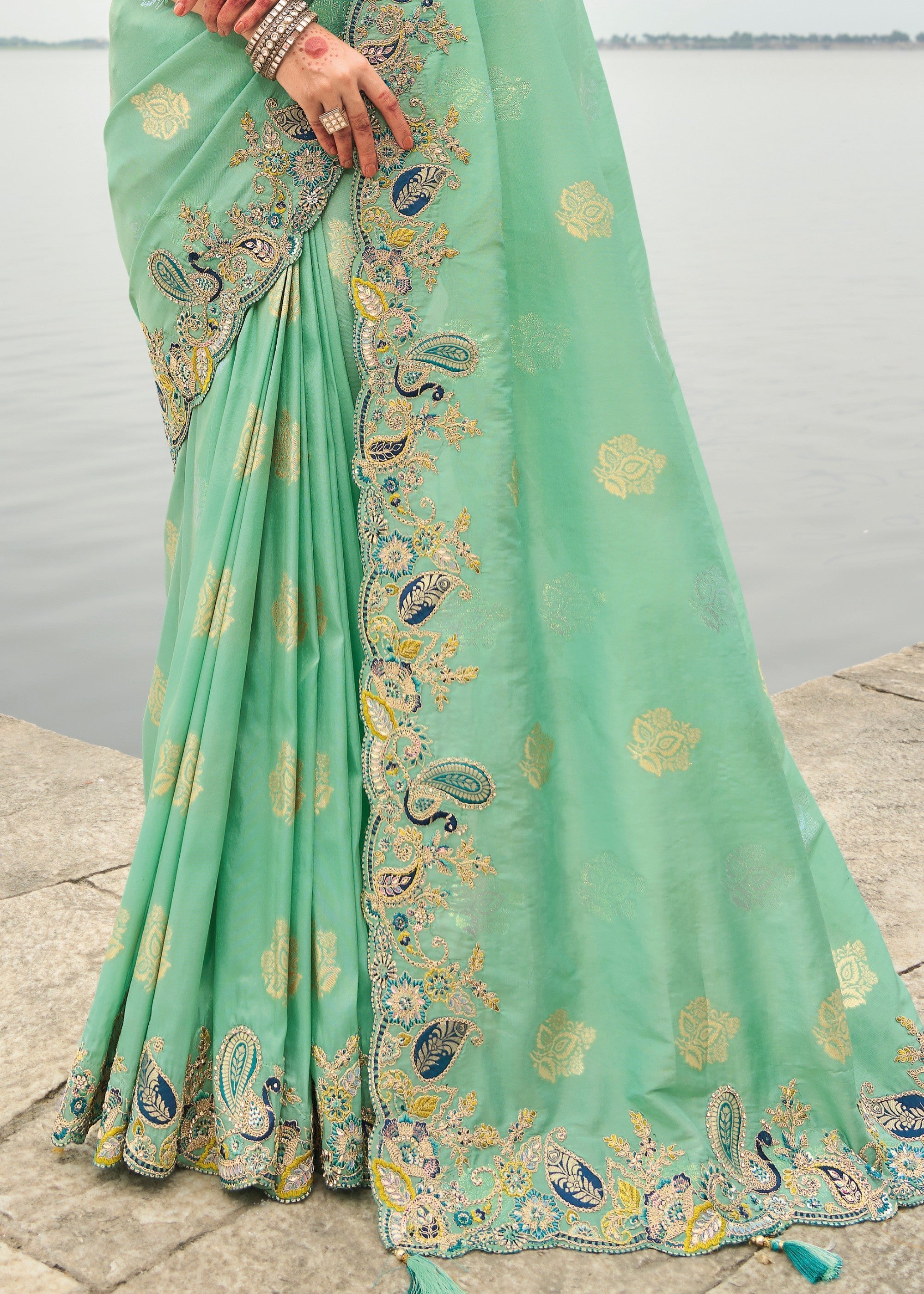 Mint Green Viscose Tissue Silk Saree With Embroidery Cut Work Border And Sequence Work - qivii