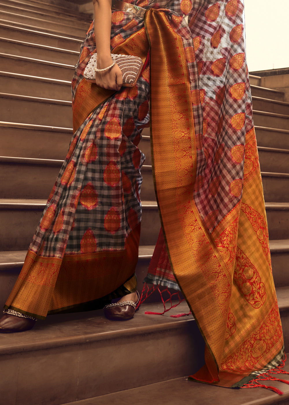 Black and red woven Banarasi organza silk saree with intricate floral designs