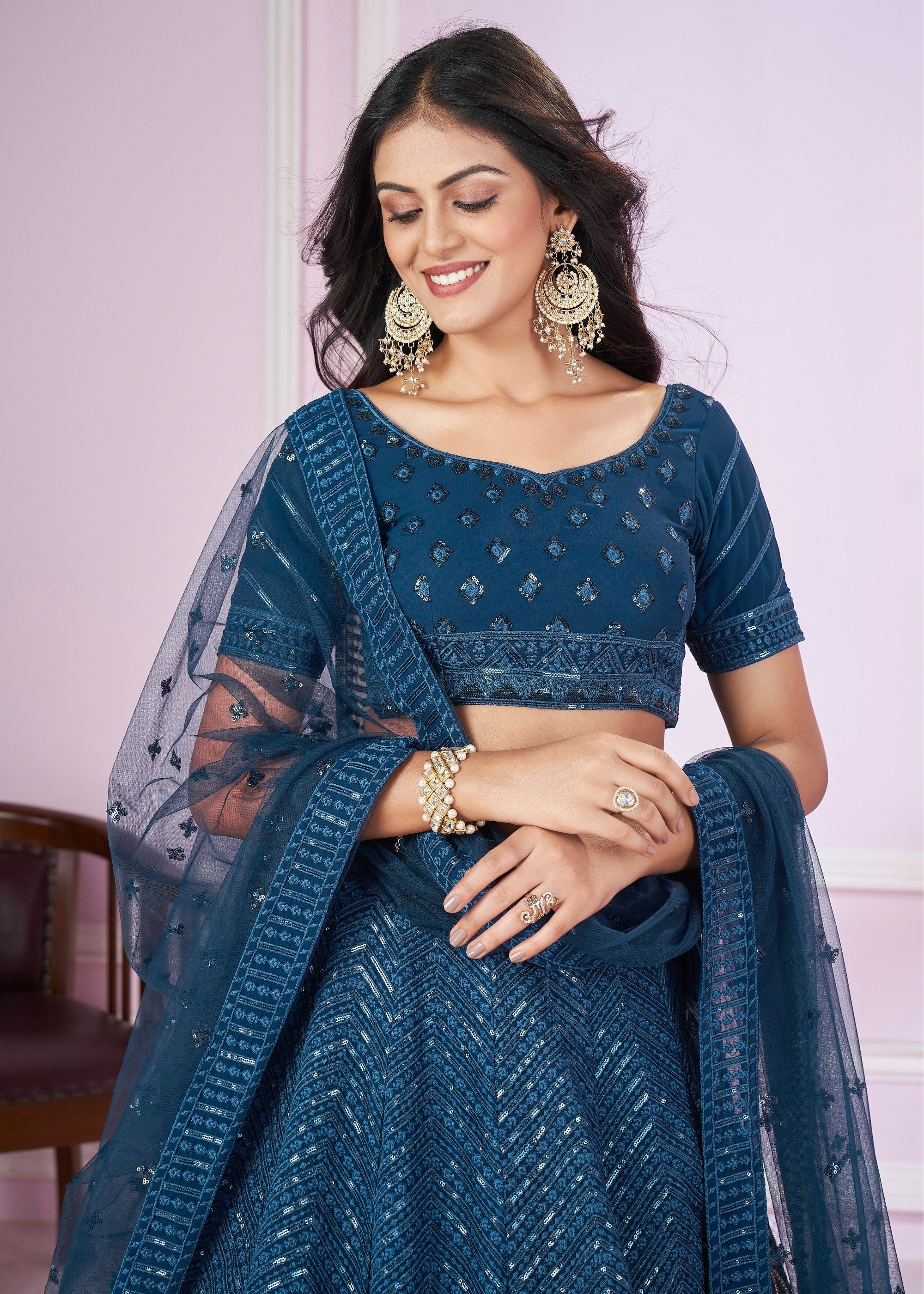 Teal Blue Georgette Lehenga Choli With Sequins And Thread Embroidery Work | Ready To Wear - qivii