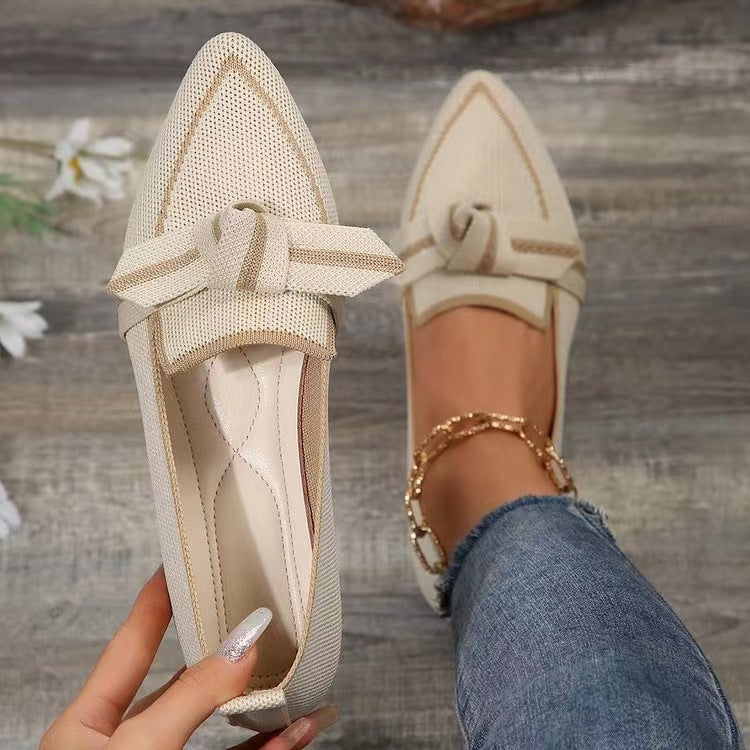 Women's Plus Size Knit Flat Loafers - Slip-On Bowknot Shallow Cut Lazy Work Shoes