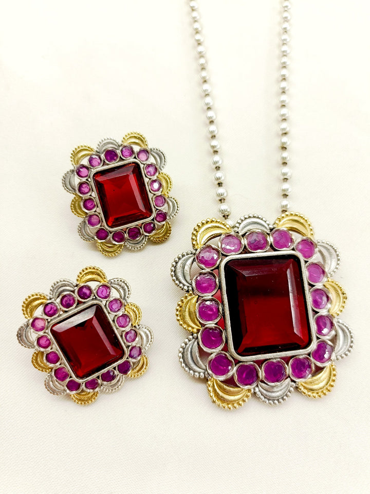 Rajamani Ruby Oxidized Pendant Set