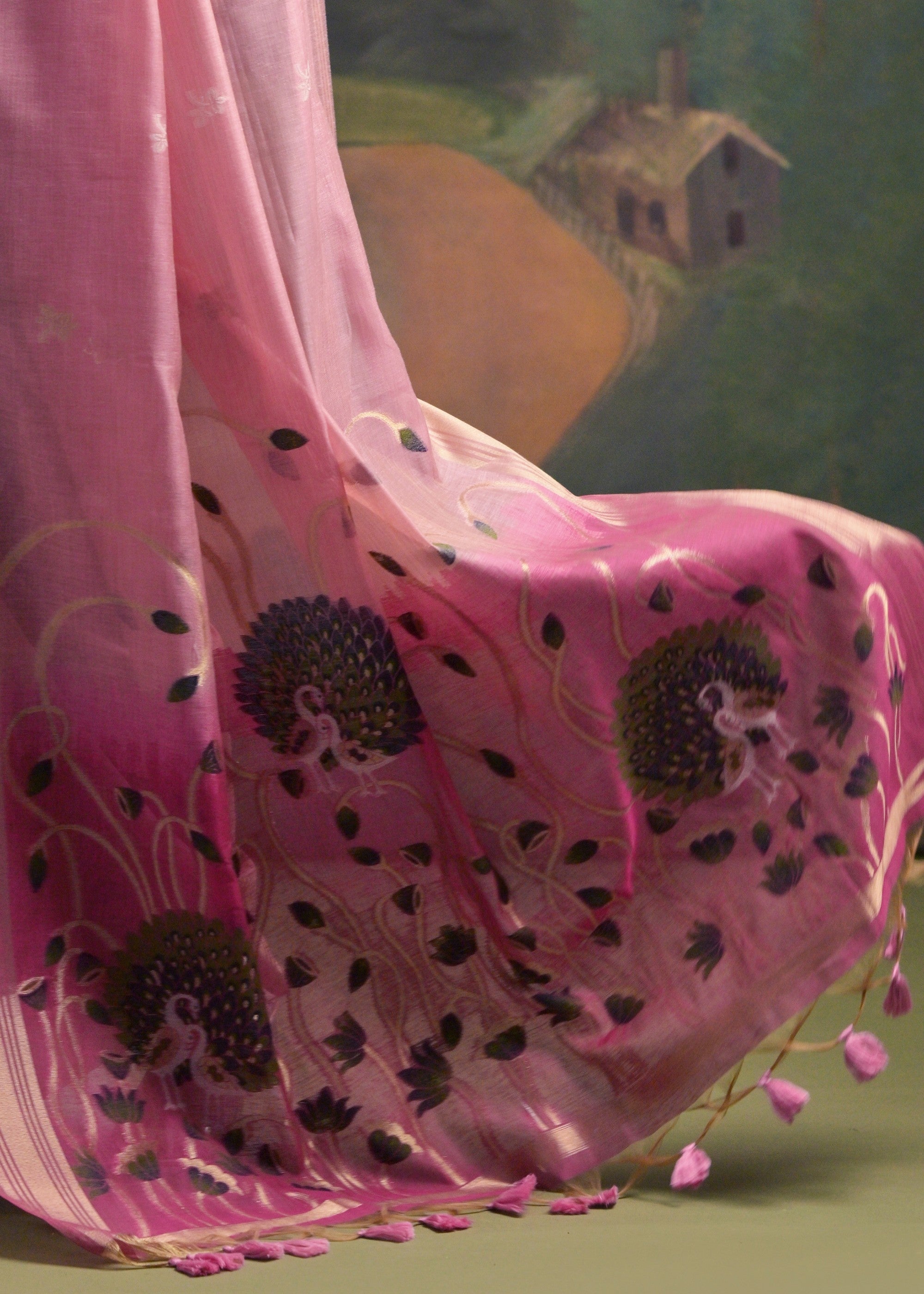 Light Pink Thread Woven Cotton Saree With Contrast Blouse And Pallu - qivii