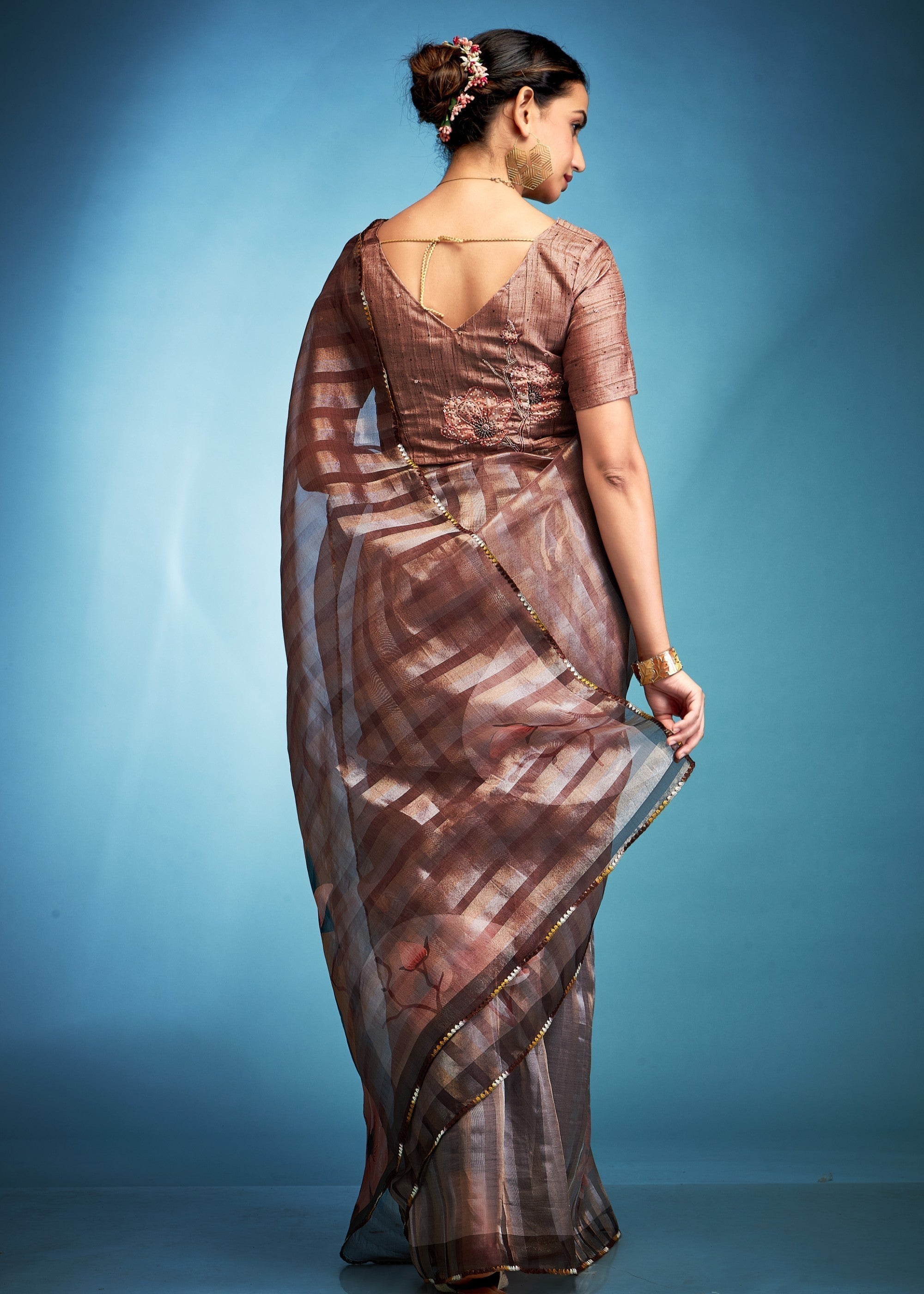 Bronze Brown Tissue Silk Saree With Floral Print - qivii