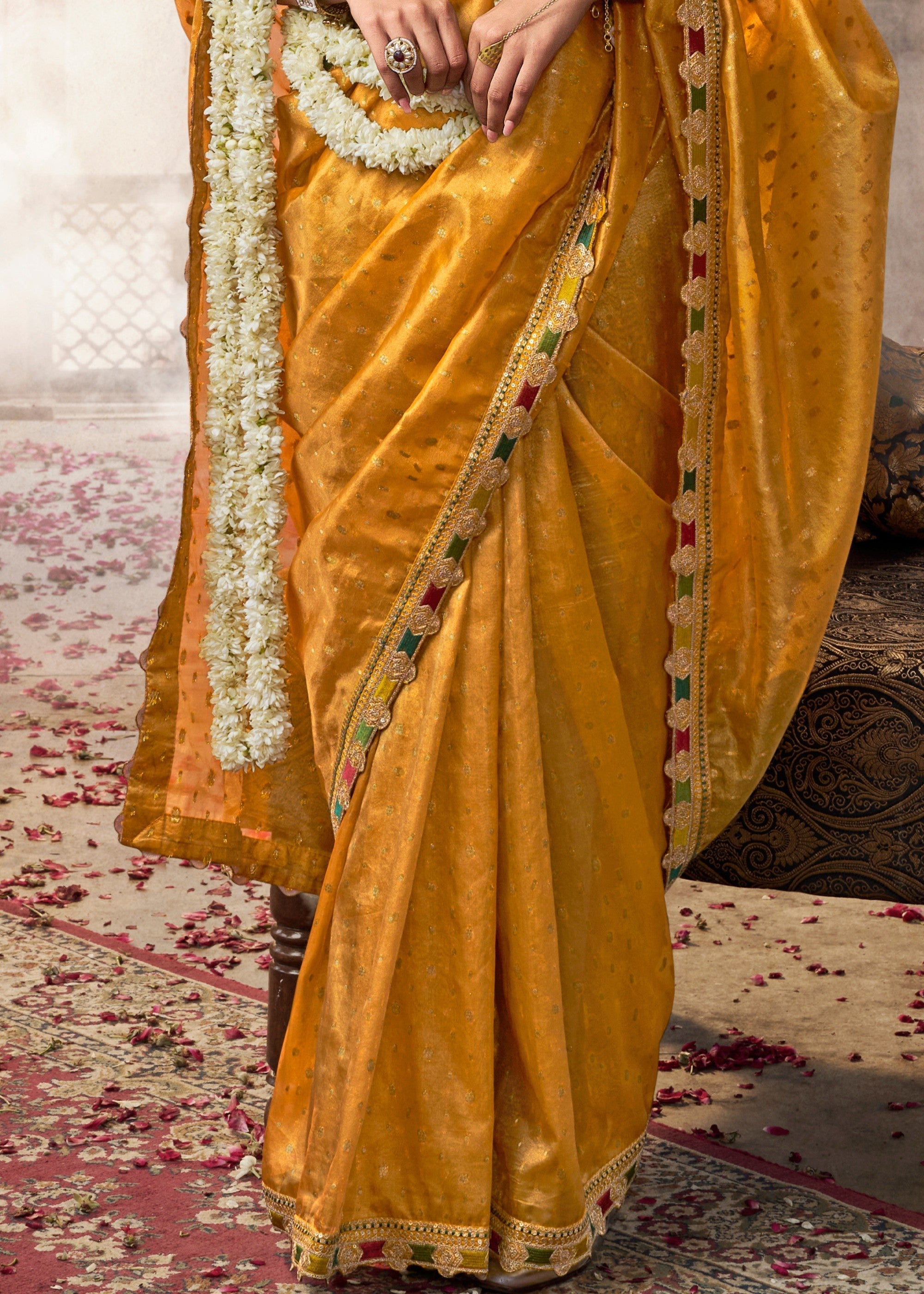 Tuscany Yellow Tissue Silk Saree With Multicolored Lace & Designer Blouse - qivii