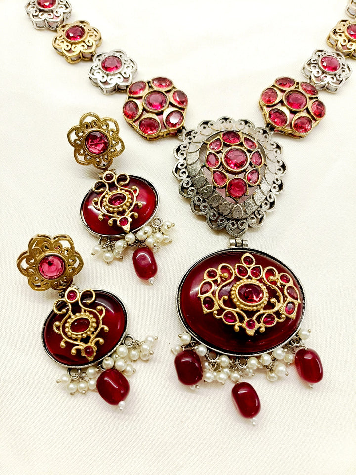 Tajaswini Maroon Long Oxidized Necklace Set