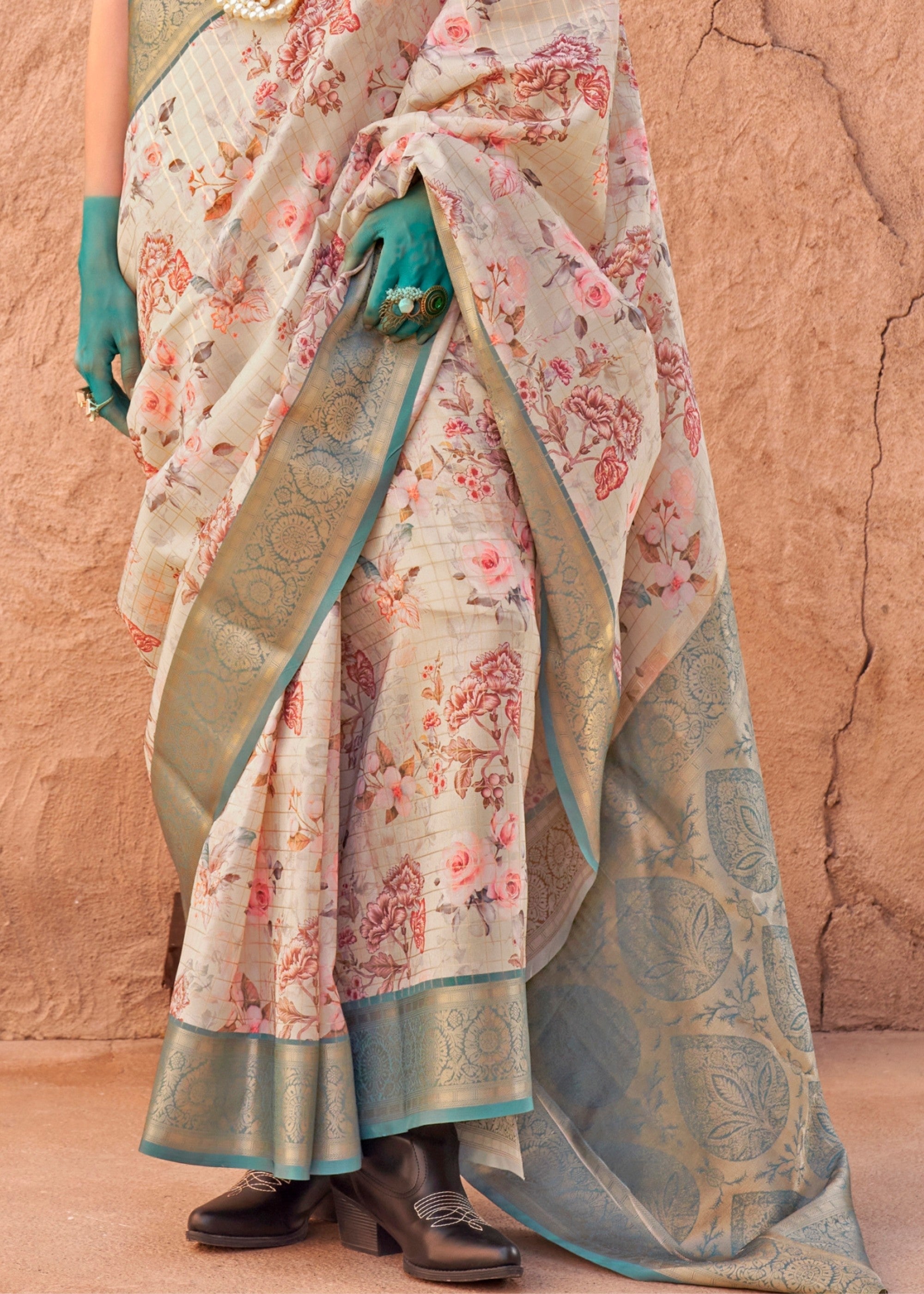 Green & Lavender Printed Handloom Georgette Saree - qivii