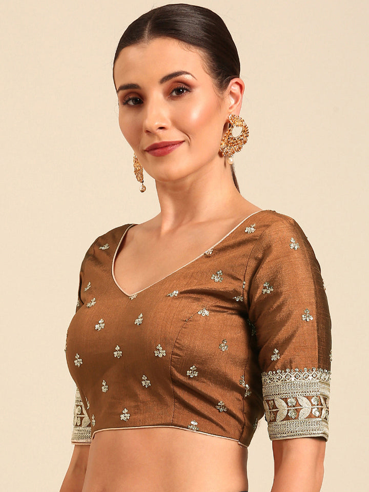 Brown-Toned Pure Silk Embroidery Work Readymade Blouse