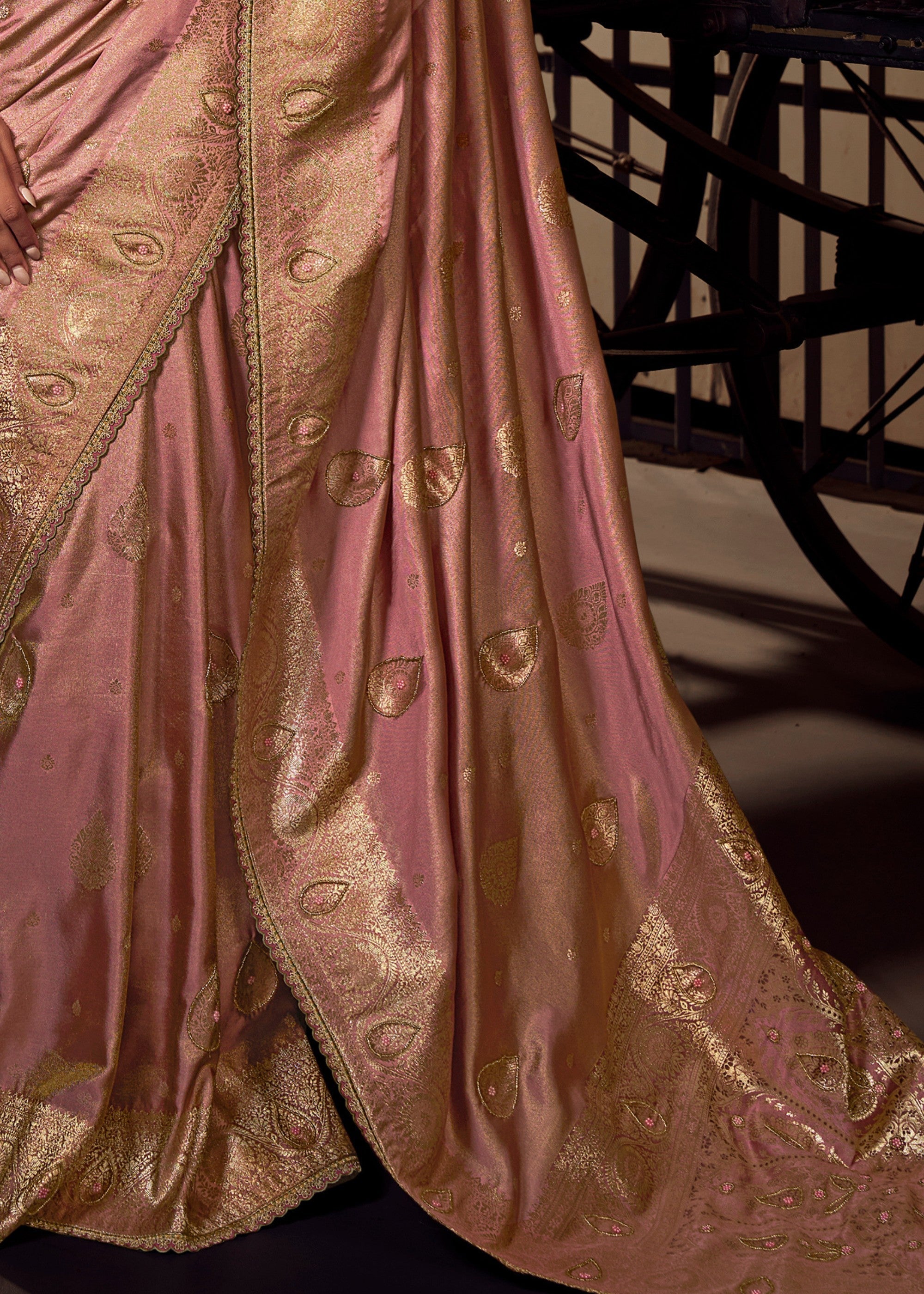 Shades of Pink Viscose Tissue Silk Saree with Handworked Pallu And Contrast Designer Blouse - qivii