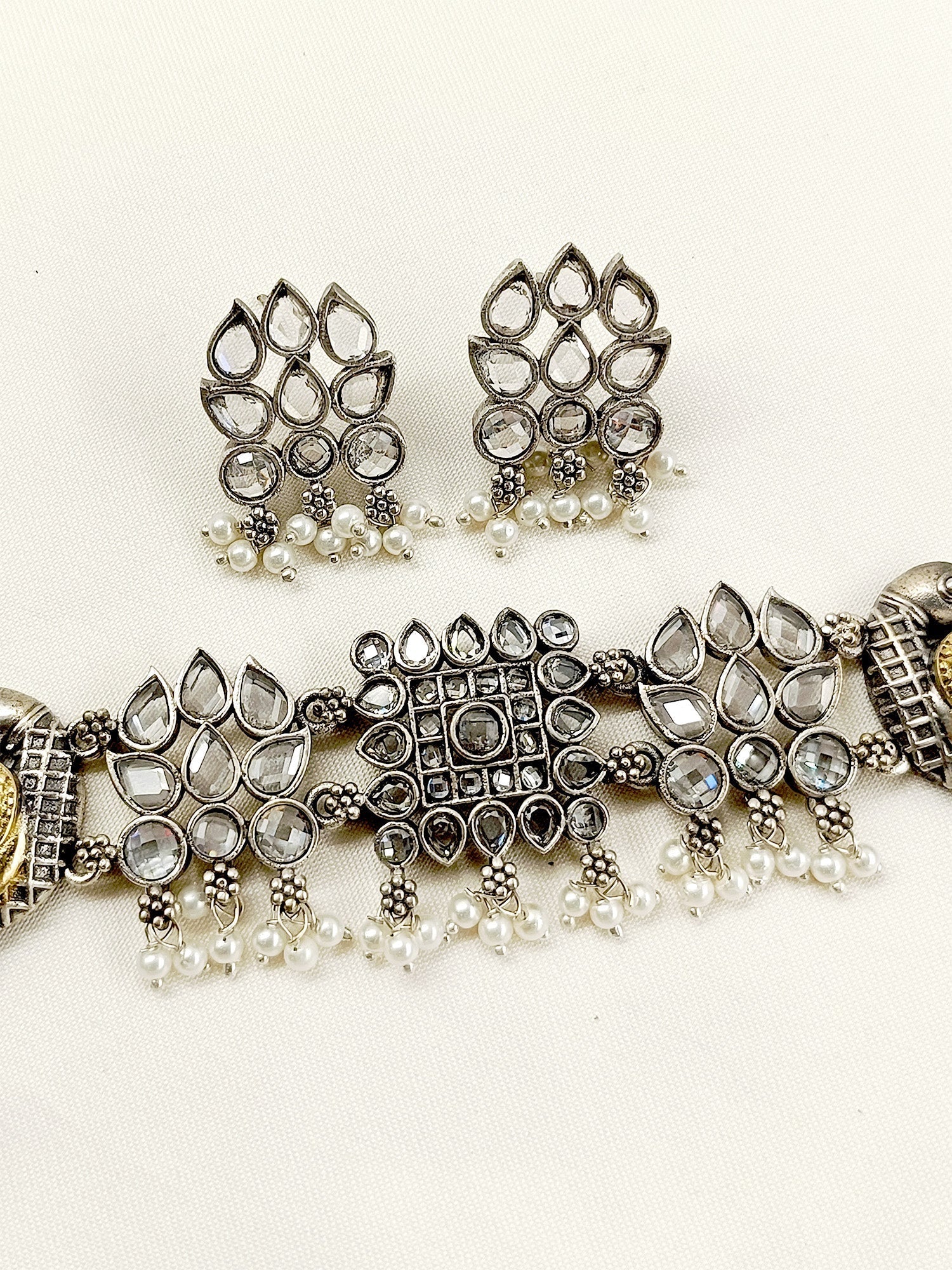 Becky White Peacock Oxidized Choker Set - qivii