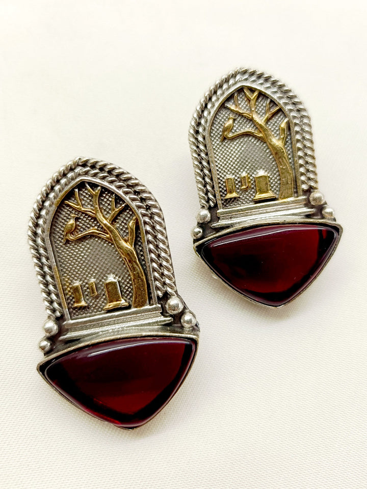 Imaya Maroon German Silver Oxidized Earrings