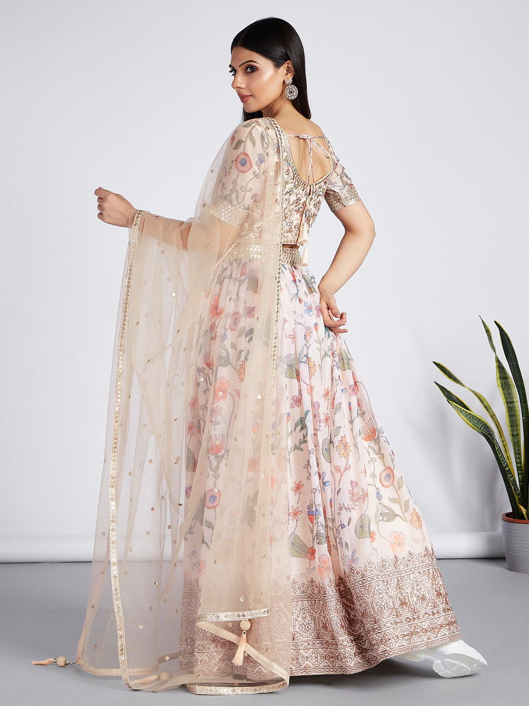 Cream Organza Floral Digital Print Stitched Lehenga choli - qivii