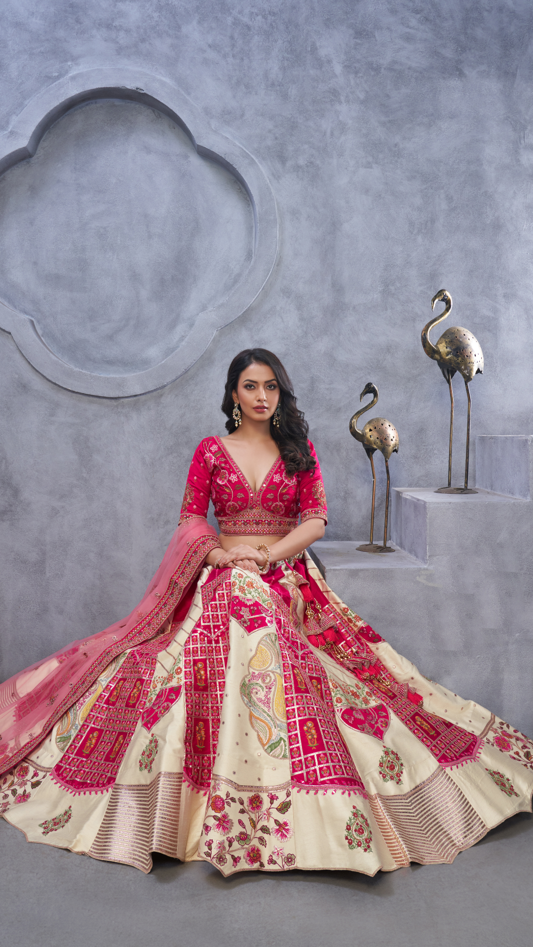 The Red and White Masterpiece Lehenga with Paisley Motifs and Sheer Pink Dupatta