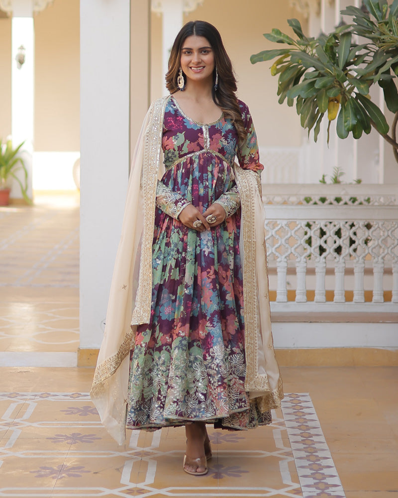 Wedding Wear Floral Embroidered Wine Color Alia Cut Gown With Dupatta  - By Qivii