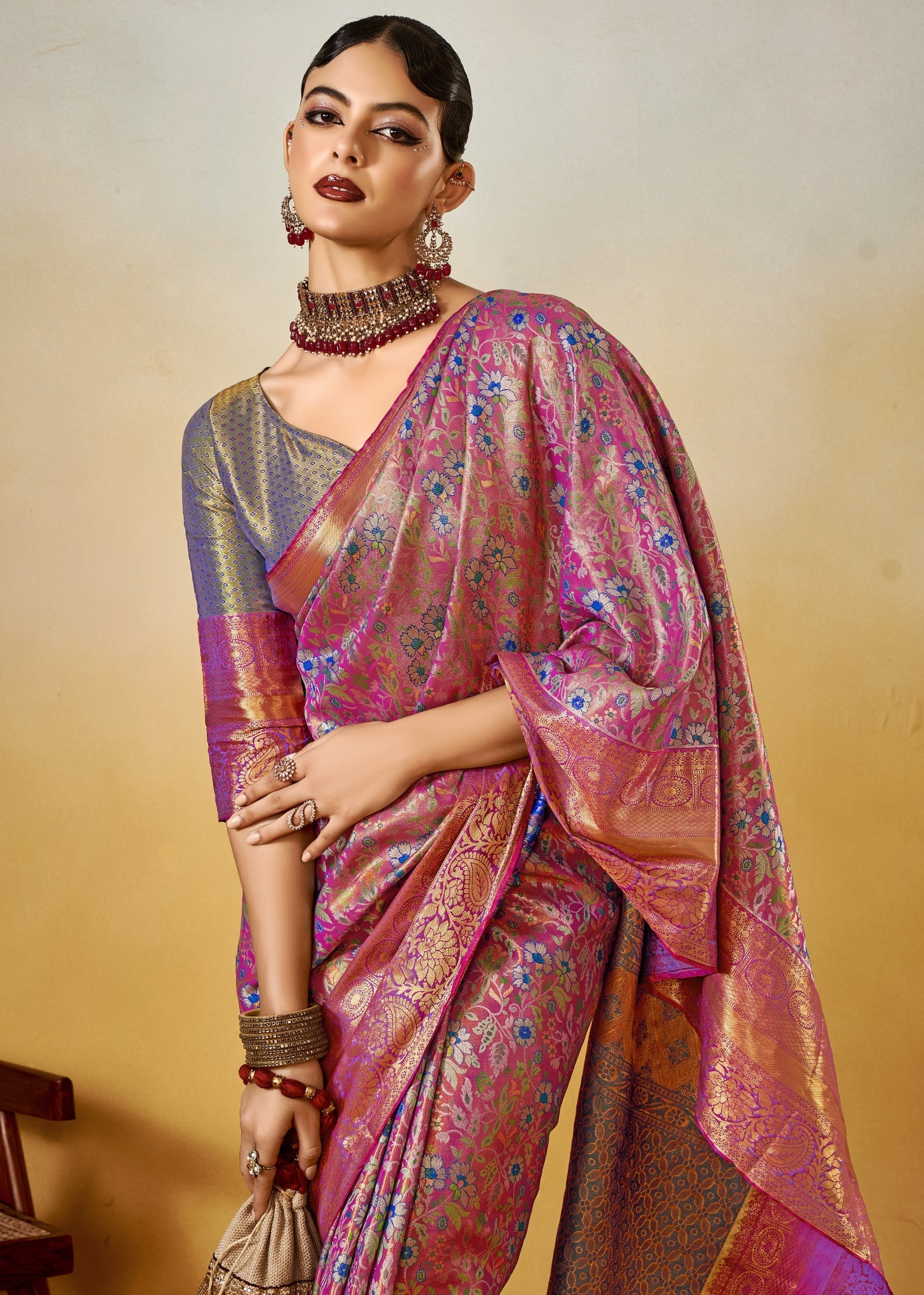 Purple and Green Handloom Dharamavaram Silk Saree - qivii