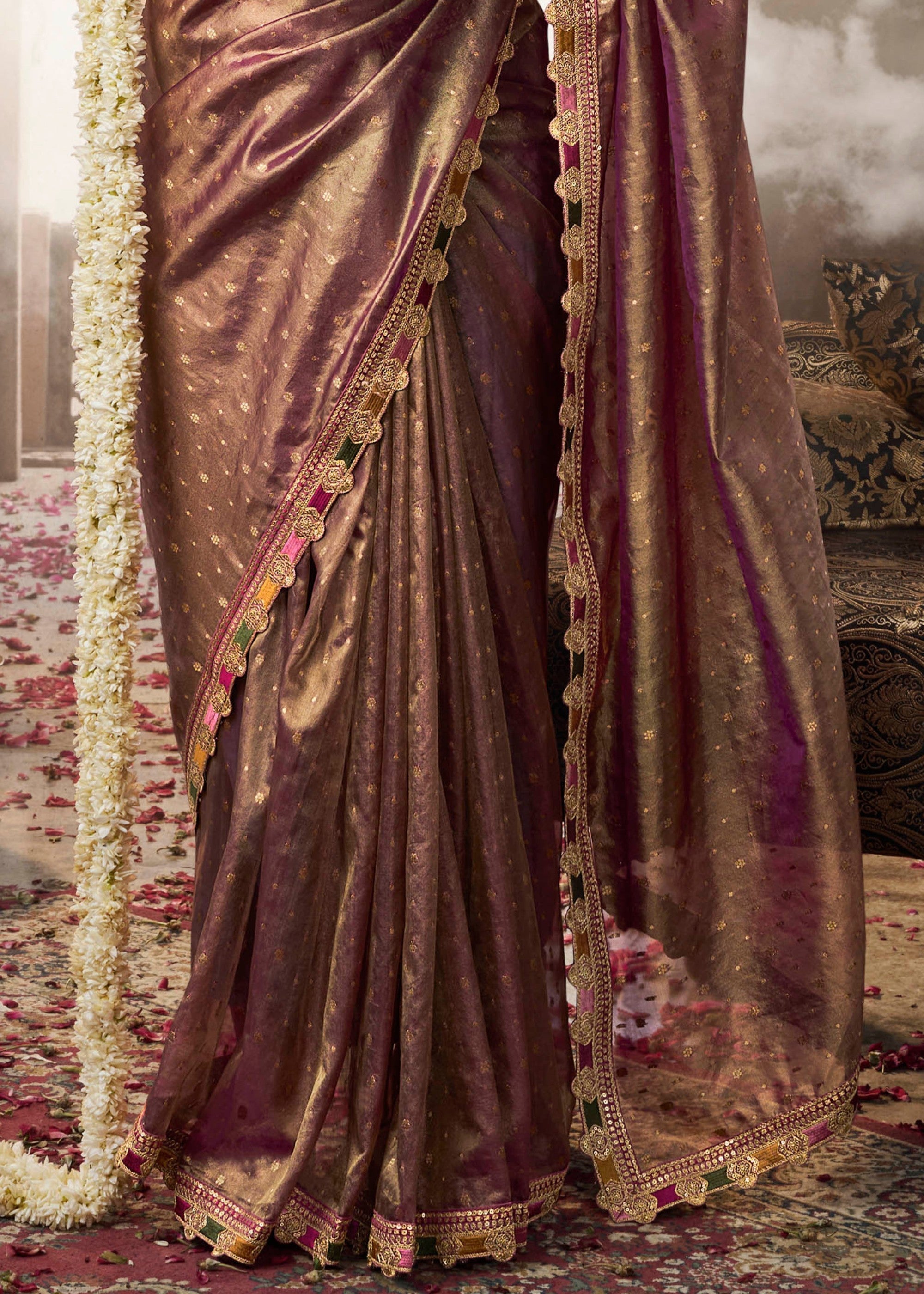 Purpleish Tissue Silk Saree With Multicolored Lace & Designer Blouse - qivii