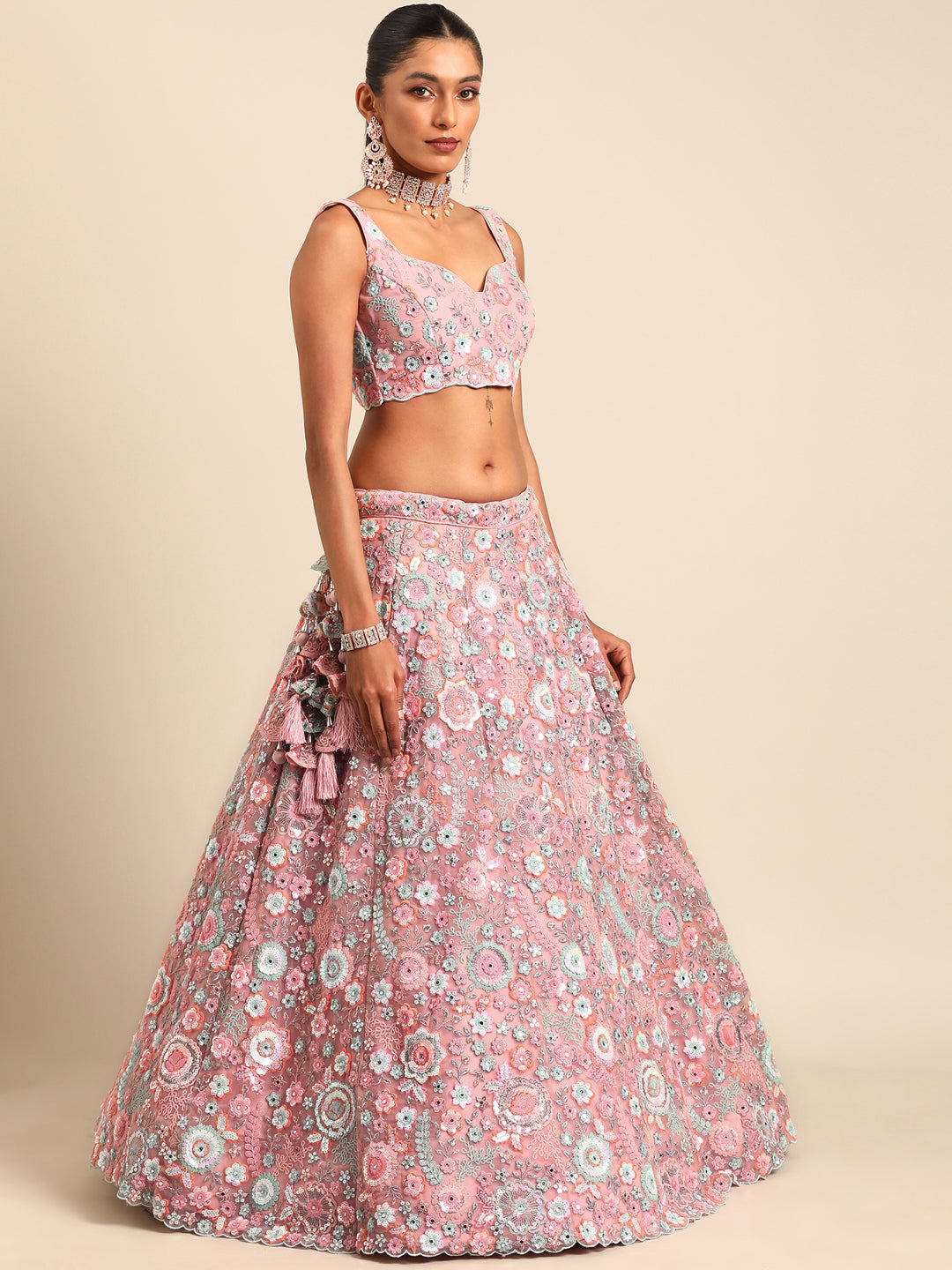 Rounded Embroiderey Multi-Sequins, Mirror and thread Embroidered Net Stitched Lehenga