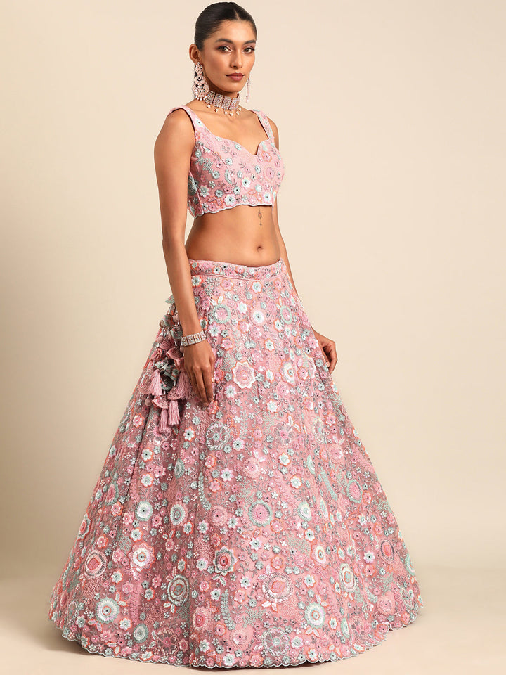 Rounded Embroiderey Multi-Sequins, Mirror and thread Embroidered Net Stitched Lehenga