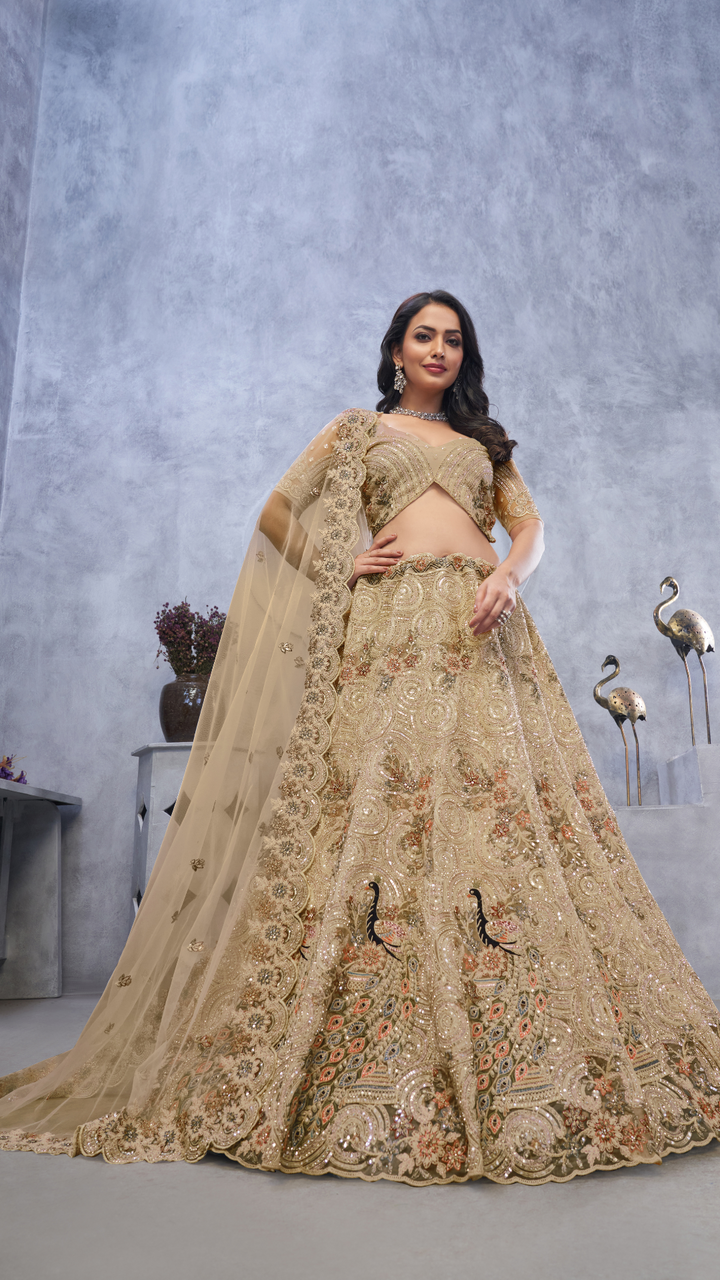 Golden Alluring Bel Butti pattern Golden Sangeet Lehenga Choli